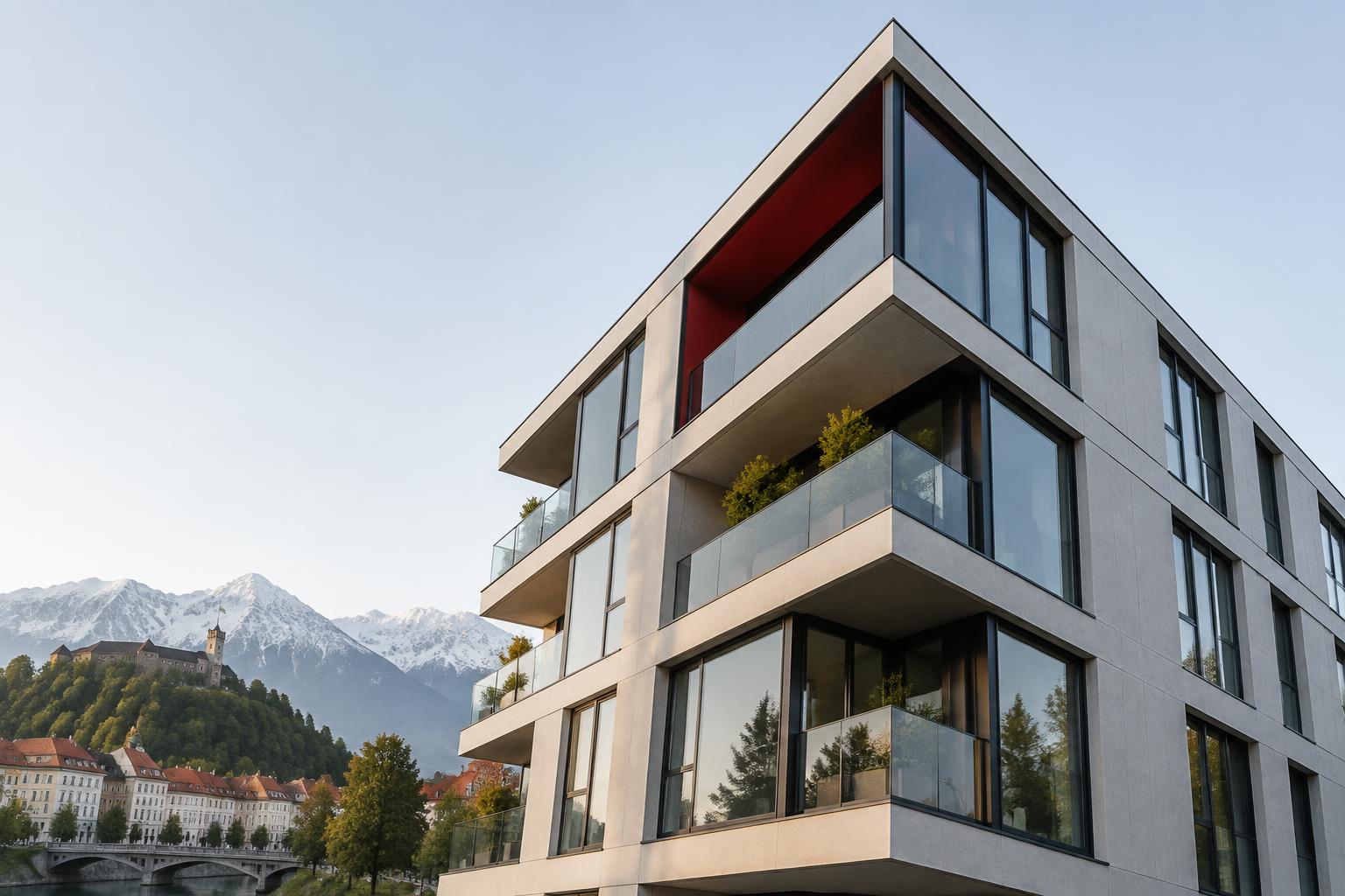 Contemporary Slovenian architecture with Alpine landscape